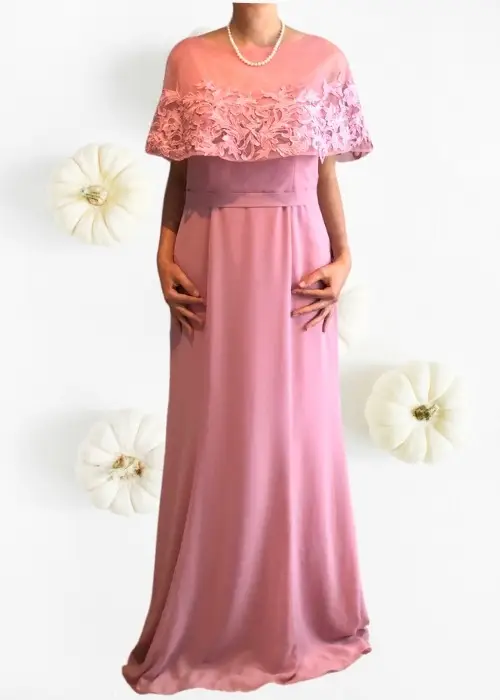 Colonial Regan Mercurio Vestido Rosa Largo Elegante Señora. Alquiler vestidos gala Lapita