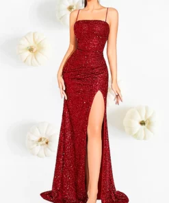 Vestido Vino Tinto Brillo Sirena Gala Noche Corbata Negra