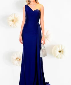 Vestido Azul Sirena Satín Licrado a Un Hombro Largo Gala Juvenil