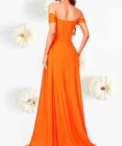 Vestido Naranja Sirena Largo Cuello Bandeja de Fiesta Boda